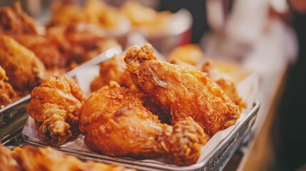 Crispy fried chicken drumsticks served fresh at a busy diner