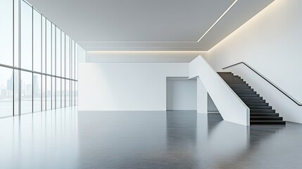 Obraz premium Modern Minimalist Interior with Staircase and Large Windows
