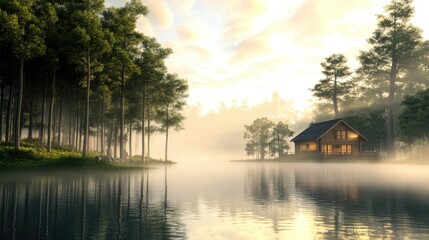 Fototapeta premium Serene Lakeside Cabin Amidst Misty Forest