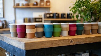 Fototapeta premium Colorful Reusable Cups Displayed in a Coffee Shop