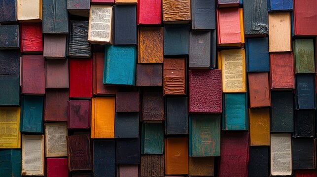 A close-up view of many books stacked horizontally and vertically, creating a textured background of various colors and sizes, with the worn textures of pages and bindings clearly visible.