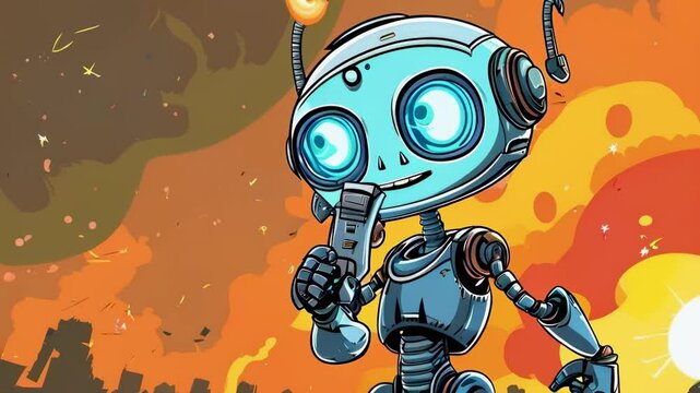 Cartoon Robot Warrior Against Alien Invasion