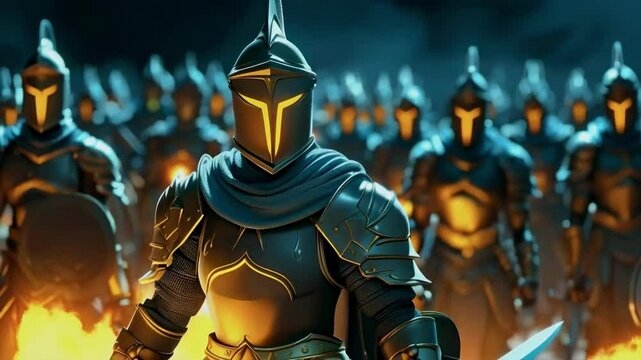 Cartoon Warrior of Light Against Dark Army