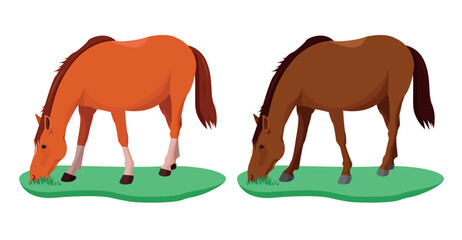 Two horses in a meadow with grass. Vector illustration.