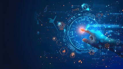 Obraz premium Hand touching a digital screen with icons of technology and online network connection, cloud storage, or security system on a dark blue background