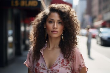 Fototapeta premium A woman with curly hair and gold earrings stands in front of a building