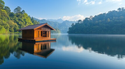 Fototapeta premium Serene Wooden Cabin on Tranquil Lake at Dawn