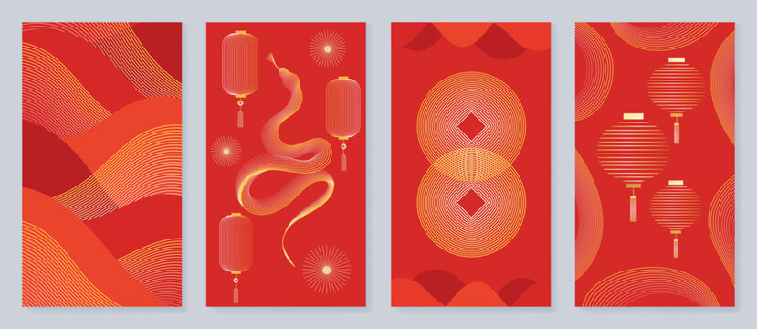 Chinese New Year 2025 card background vector. Year of the Snake design with golden snake, cloud, flower, firework, pattern. Elegant oriental illustration for cover, banner, website, calendar.