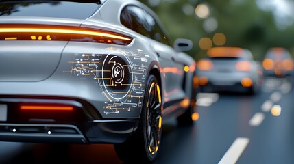 Fototapeta premium Sleek and futuristic autonomous car with glowing GPS overlay advanced navigation system and 3D digital map display Concept of modern intelligent and eco friendly transportation technology