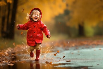 Naklejka premium girl in red raincoat running in the rain in autumn