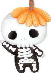 Halloween skeleton wearing a pumpkin hat