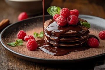 A stack of chocolate pancakes topped with raspberries and mint