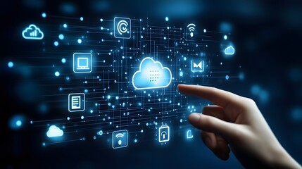 Hand touching a digital screen with icons of technology and online network connection, cloud storage, or security system on a dark blue background