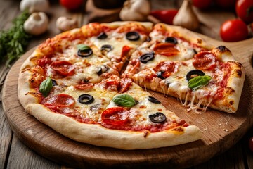Delicious pepperoni pizza with olives and fresh basil on wooden board