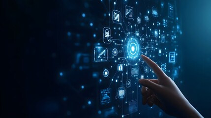 Hand touching a digital screen with icons of technology and online network connection, cloud storage, or security system on a dark blue background