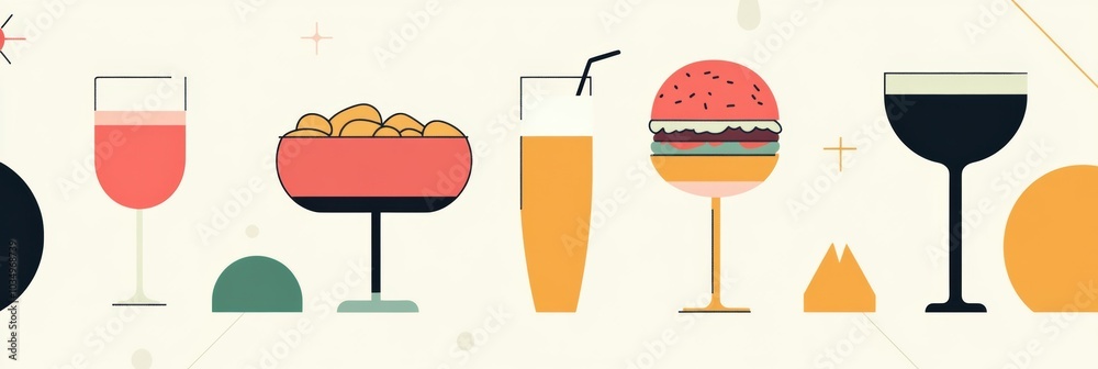 Poster A clean, minimalist backdrop showcases an array of drinks and burgers, ideal for refreshing summer fun with good company. Generative AI