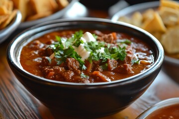 Delicious spicy Texas chili meat soup served in a black bowl