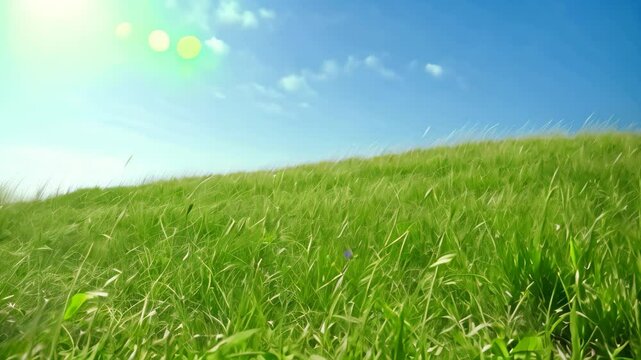 A Video of a grassy hill with a vibrant blue sky stretching across the background, Lush grassland under a clear blue sky