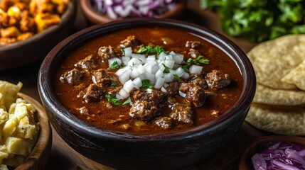 Spicy Texas chili meat soup topped with onions and cilantro