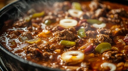 Spicy Texas chili meat soup simmering in a pot with fresh ingredients