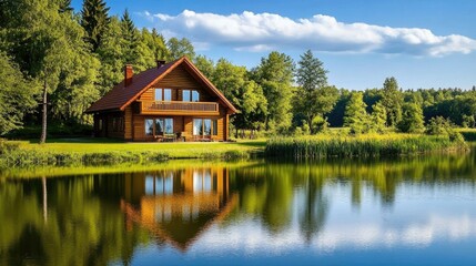 Fototapeta premium Tranquil Lake House Amidst Lush Greenery