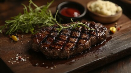 Juicy grilled steak served with side condiments and greens