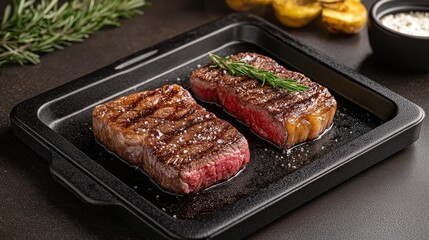 Savory grilled steaks served on a black plate with herbs
