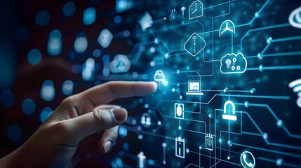 Hand touching a digital screen with icons of technology and online network connection, cloud storage, or security system on a dark blue background