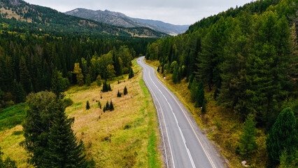 the car is driving along the Chuisky highway in Altai in autumn