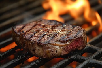 Grilled steak cooking over flames on an outdoor barbecue grill