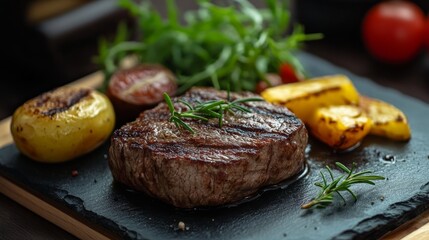 Grilled steak served with vegetables and fresh herbs on a platter