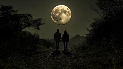 Silhouettes of Two People Walking Under a Full Moon