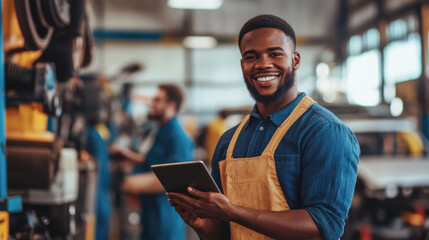 Smiling industrial worker using digital tablet in modern factory workshop