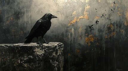 Black Crow on a Stone: A Dark and Dramatic Painting