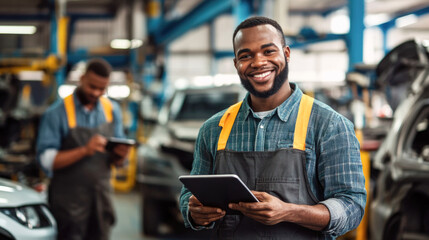Joyful mechanics in workshop using digital tablet for efficient car maintenance and repairs