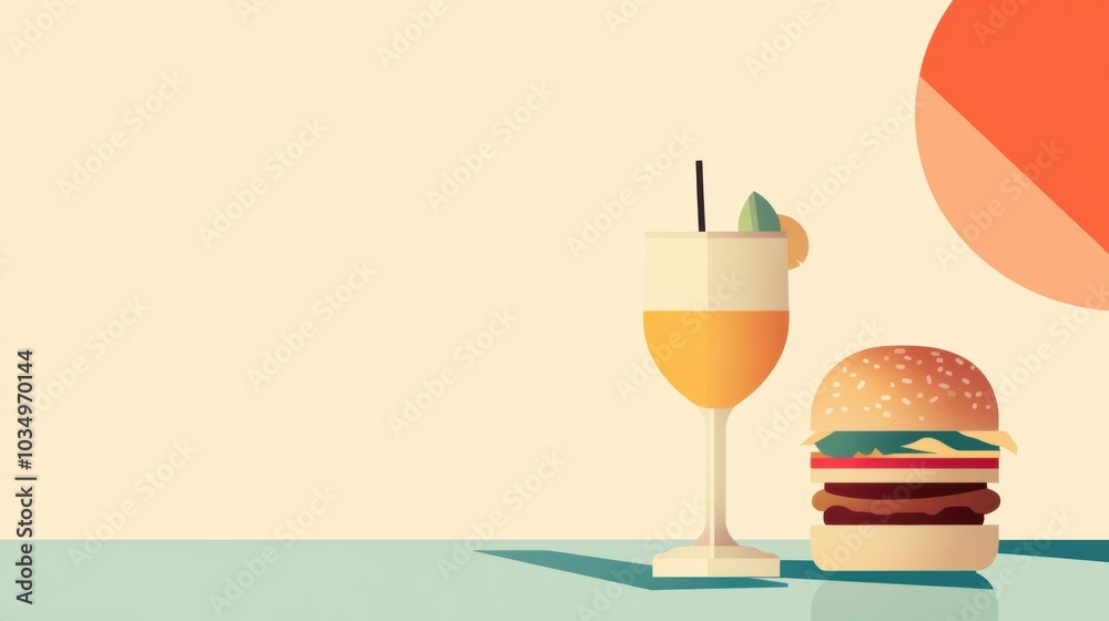 Poster a fresh drink and a gourmet burger sit together on a simple table, creating a delightful culinary mo