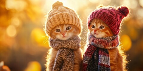 Fototapeta premium Two adorable kittens wearing colorful hats and scarves stand together, surrounded by a warm, golden autumn backdrop.