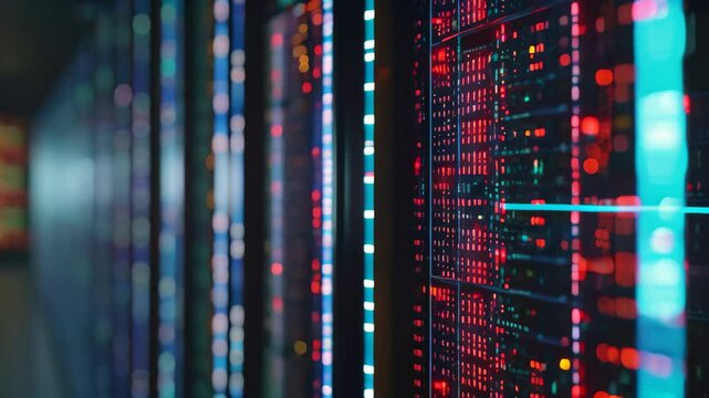 Multiple rows of computer screens are neatly organized in a bustling data center, Mainframe servers with binary code matrix in the backdrop