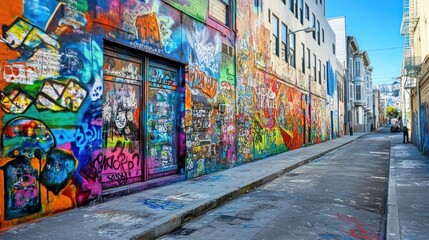 Naklejka premium Colorful Graffiti-Covered Alleyway in an Urban Setting