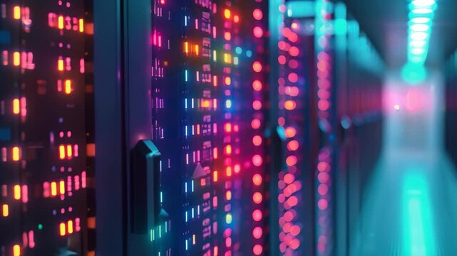 A hallway illuminated with rows of red and yellow lights leading to an unknown destination, Mainframe servers with binary code matrix in the backdrop