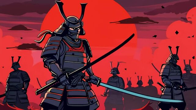 Cartoon Modern Samurai Against Dark Army