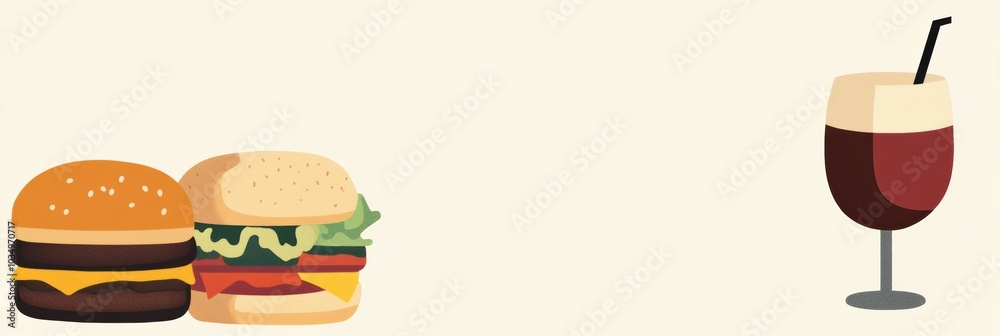 Poster Two mouthwatering burgers alongside a refreshing drink create a delightful setting ideal for enjoying a casual meal. Generative AI