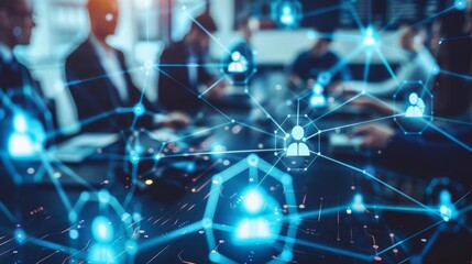 Futuristic Business Meeting with Digital Network Connections and Holographic Interface in a Modern Office Environment