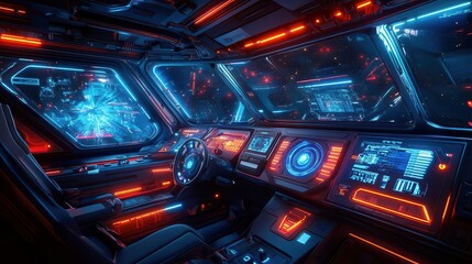 Design a futuristic spaceship cockpit with holographic lights for an immersive space adventure
