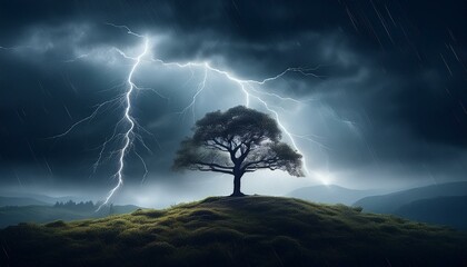 Fototapeta premium Einzelner Baum auf Hügel im Hintergrund Unwetter mit Blitz Dunkle Wolke Sturm