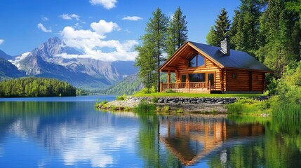 Fototapeta premium Serene Lakeside Cabin Surrounded by Nature's Beauty