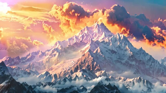 A vast mountain covered in a thick layer of snow stands tall under a grey, cloudy sky, Majestic snow-capped mountain peaks against a sunrise backdrop