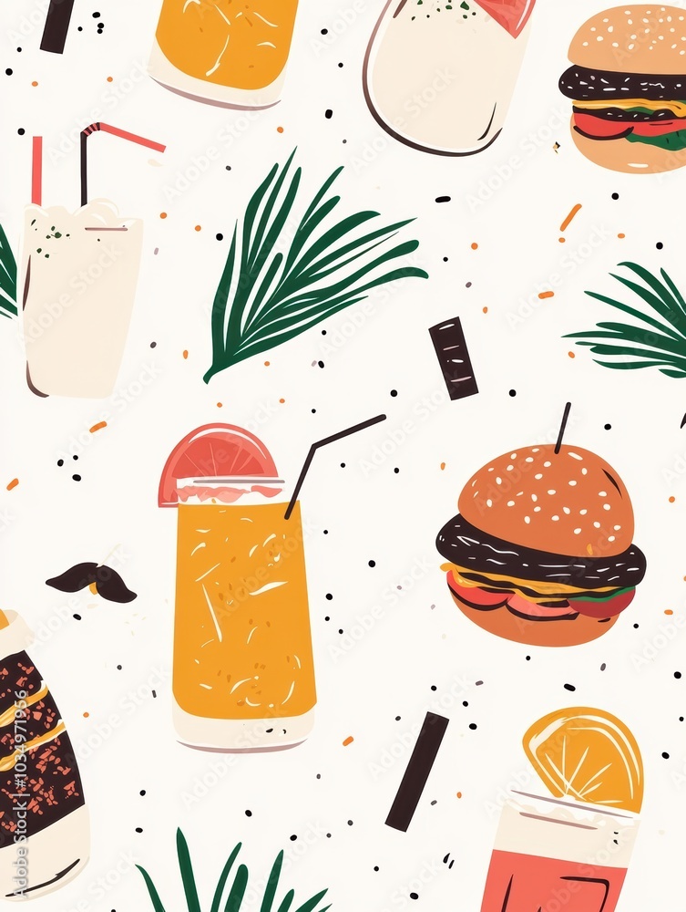 Poster a stylish collection of vibrant drinks and burgers is displayed against a minimalist backdrop, ideal