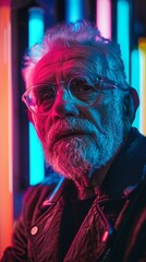 Fototapeta premium Creative portrait of a senior man with neon lights