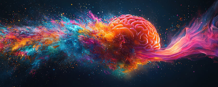 Exploding brain in vibrant colors, abstract representation of creativity and innovation, shards breaking apart in a burst of color, ultra-HD, intricate detail.